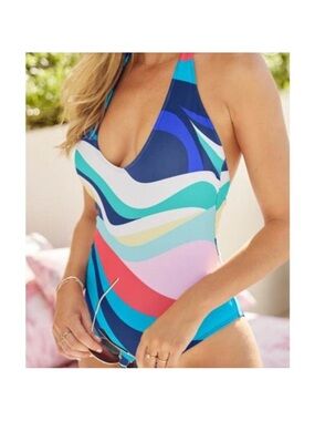 NEW Venus One Piece Swimsuit Size 22 Wavy Stripe BLue Pink Halter Deep Neck Swim